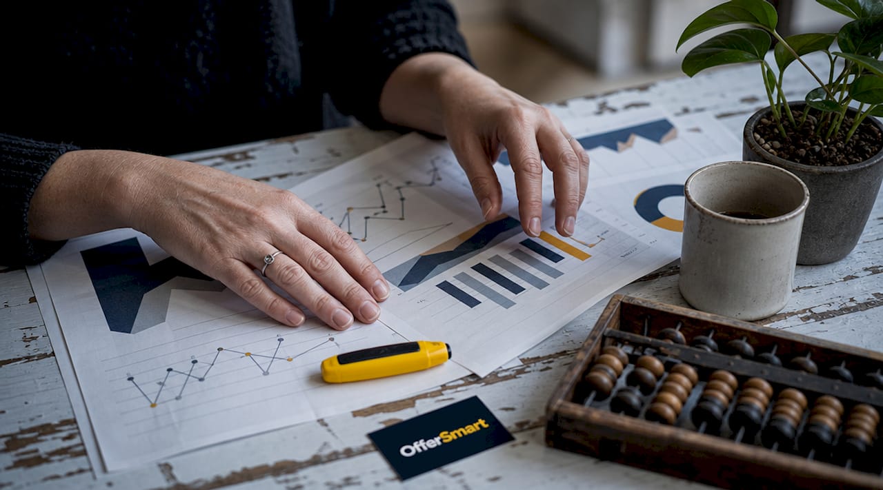 Hands over market reports and calculator on desk