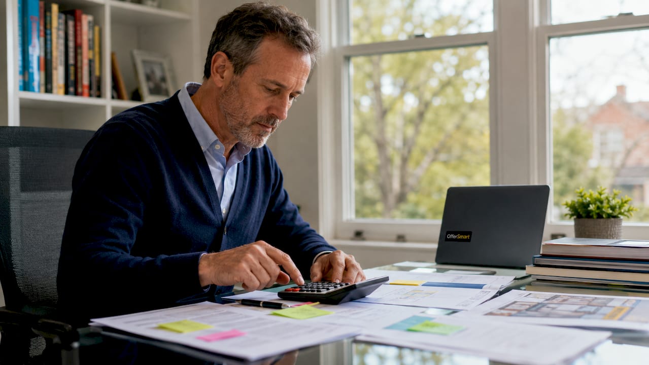 Hands calculating mortgage repayments with documents