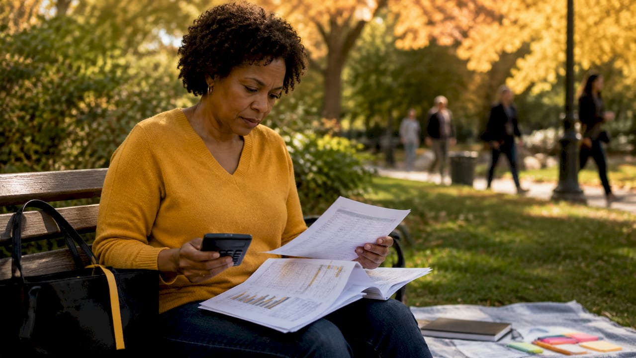 Woman comparing sold and asking property prices in office