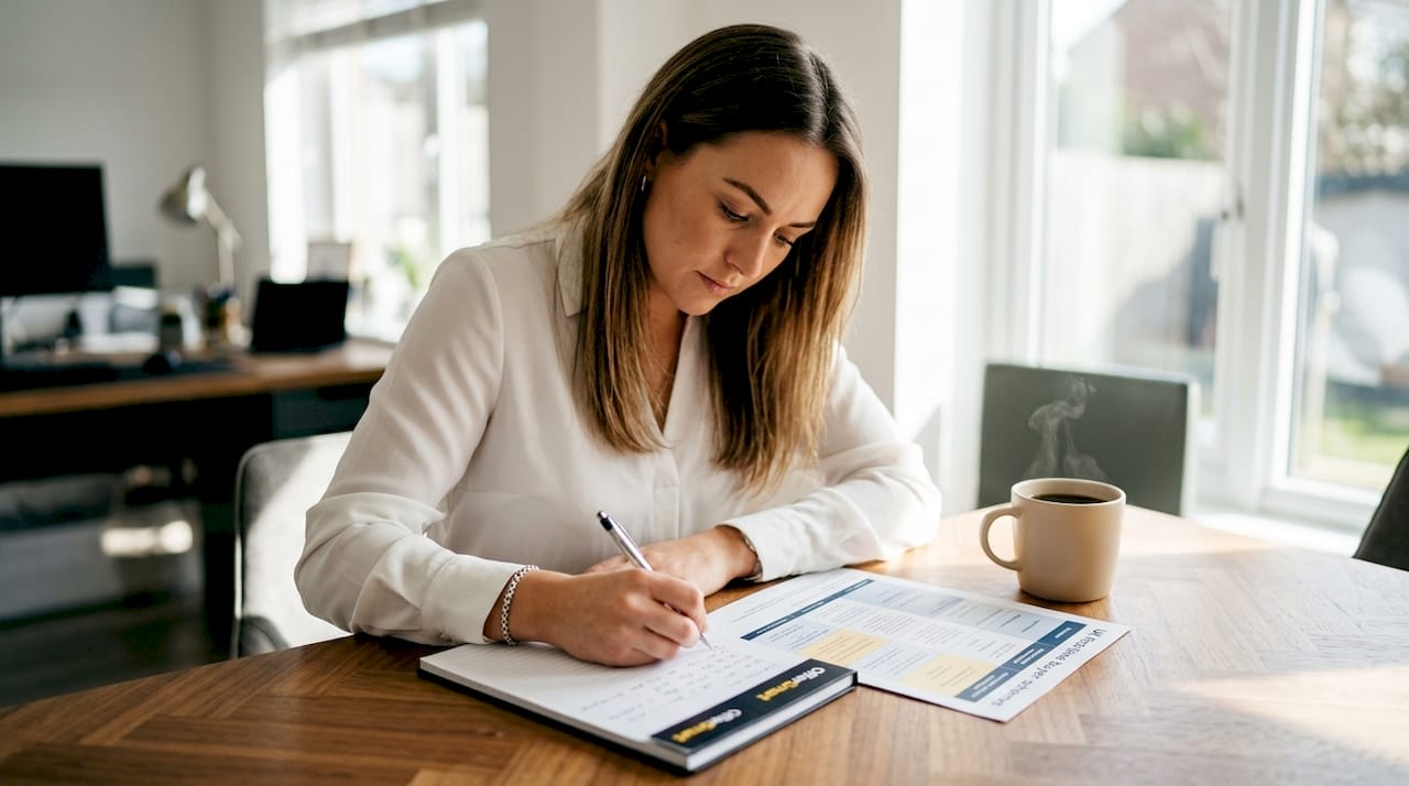 Close-up of hand taking notes on buyer schemes