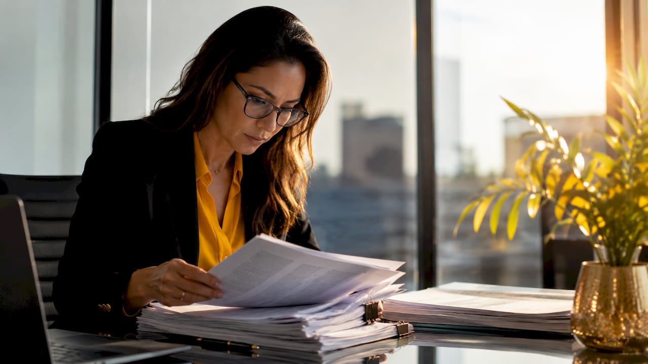 Overhead view of property contracts on solicitor's desk