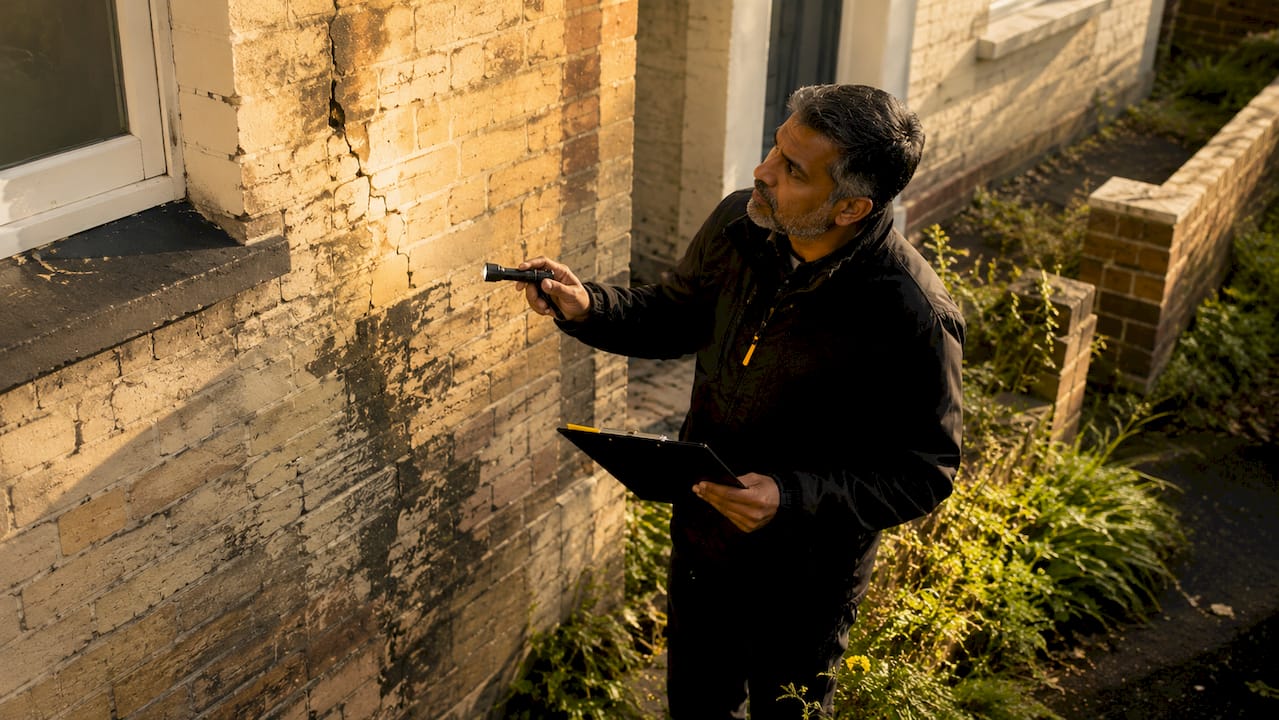 Inspector examining house exterior defects