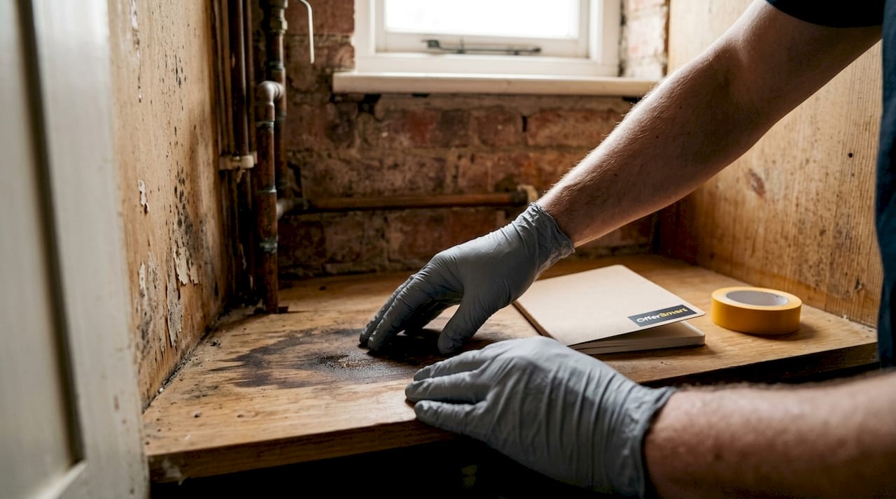 Hands inspecting damp damage under sink