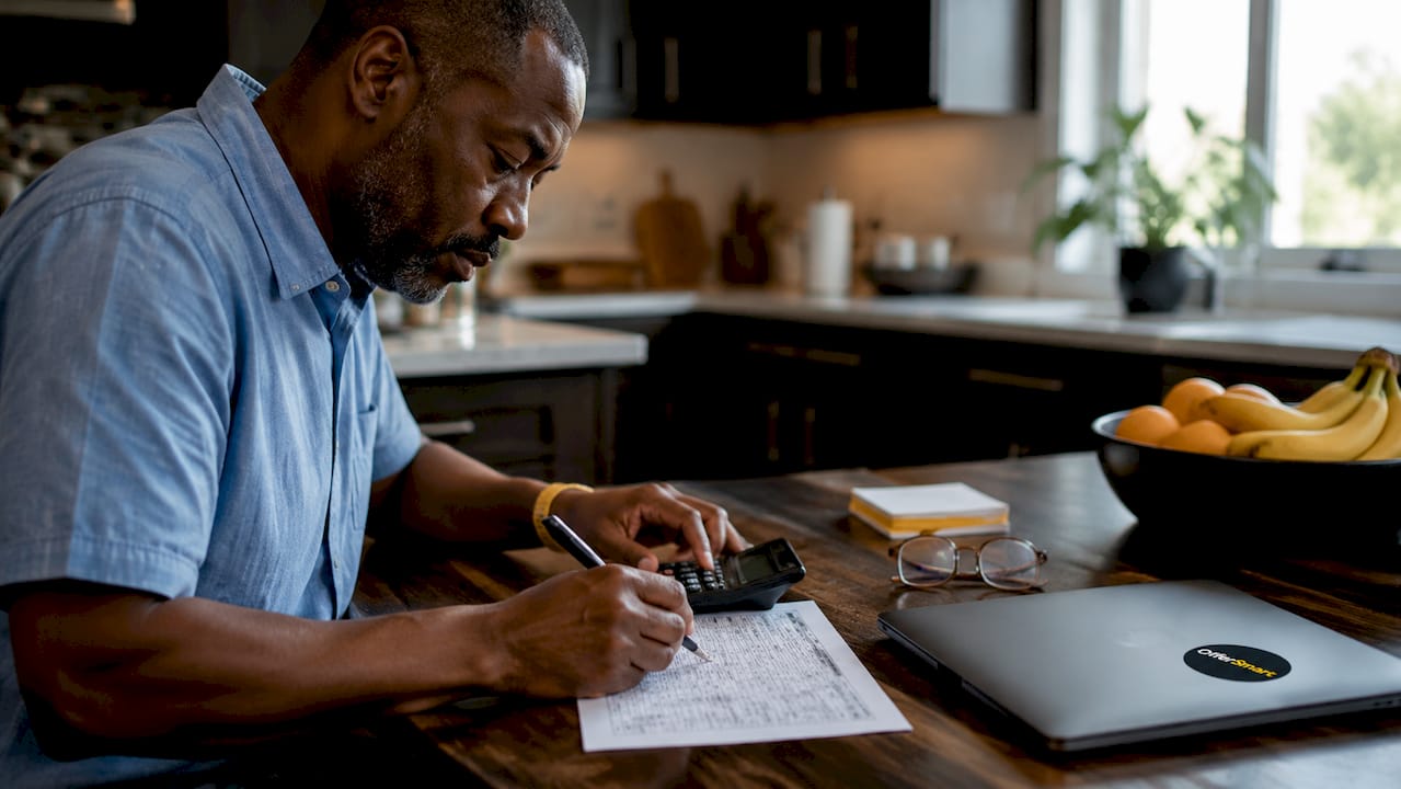 Man calculating mortgage budget at home office desk