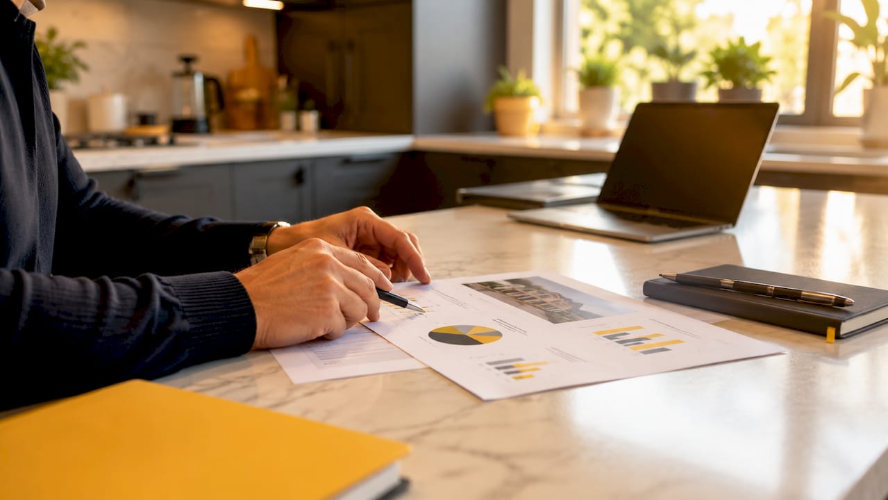 Hands analyzing property report documents