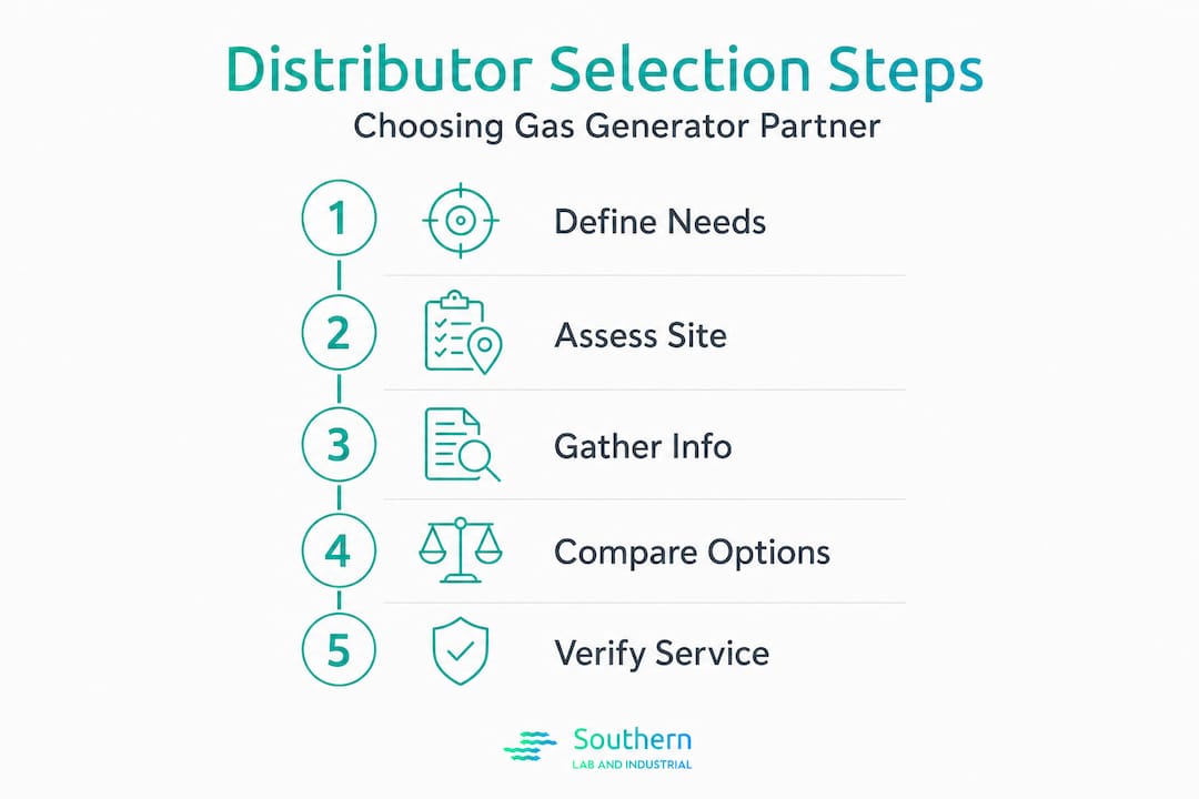 Infographic detailing steps to select gas generator distributor