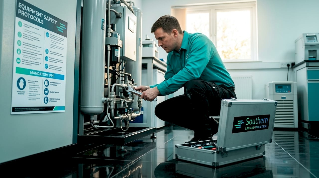 Technician servicing nitrogen gas generator in lab