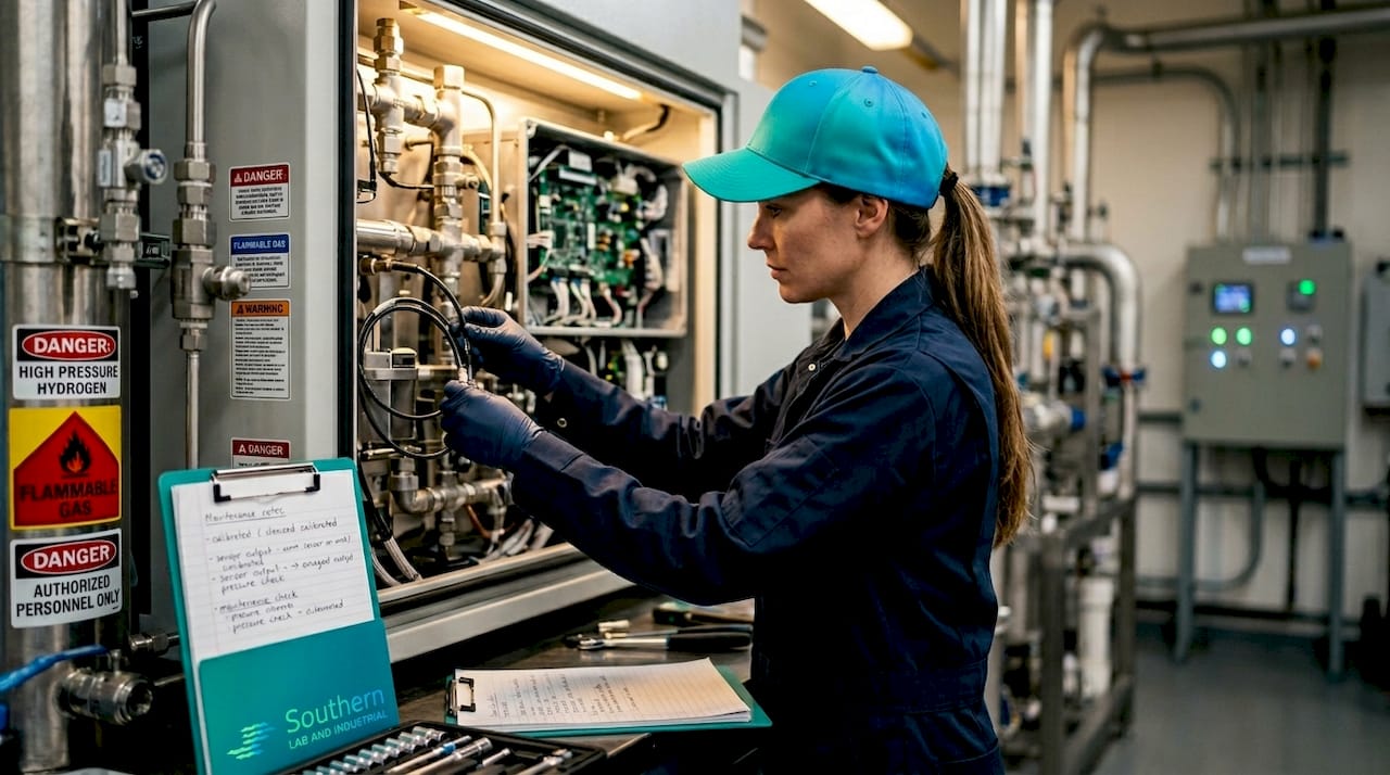 Technician inspects industrial hydrogen generator panel