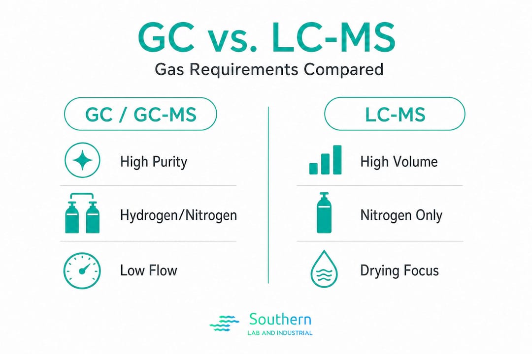 Infographic comparing GC and LC-MS gas requirements