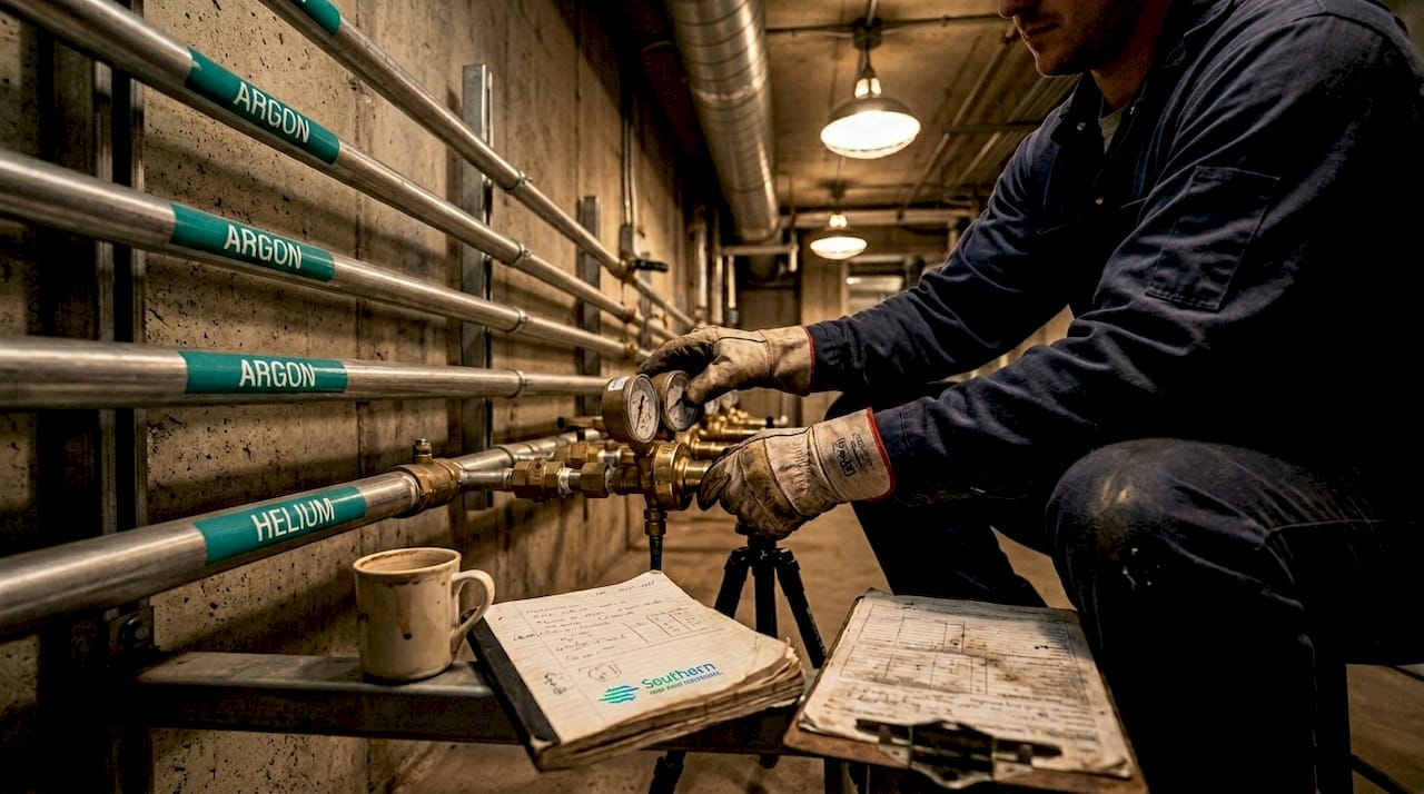 Technician checks pressure gauges in plant
