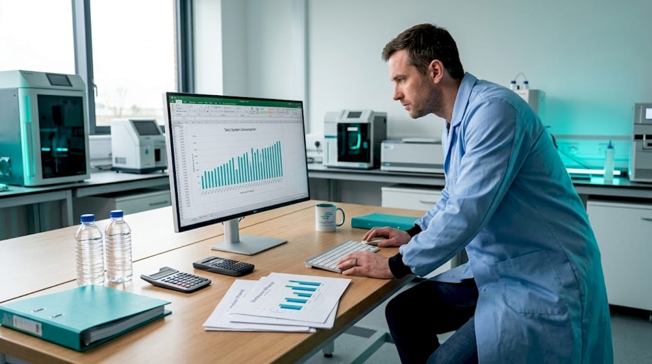 Technician reviews electrolyzer energy audit data