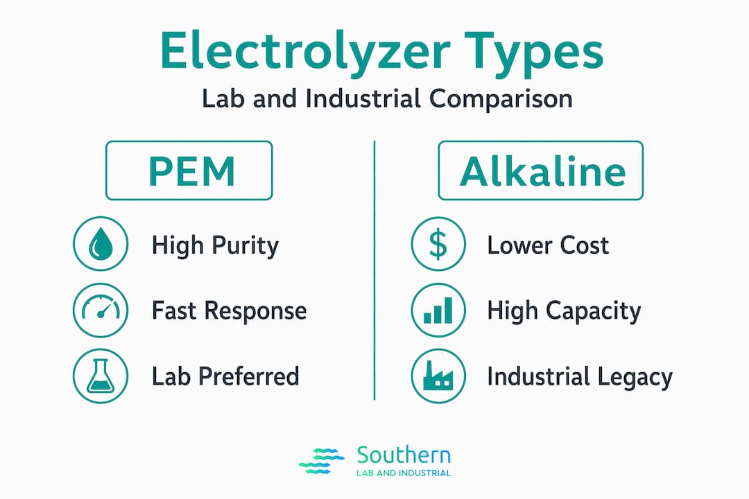 Infographic comparing electrolyzer types for labs