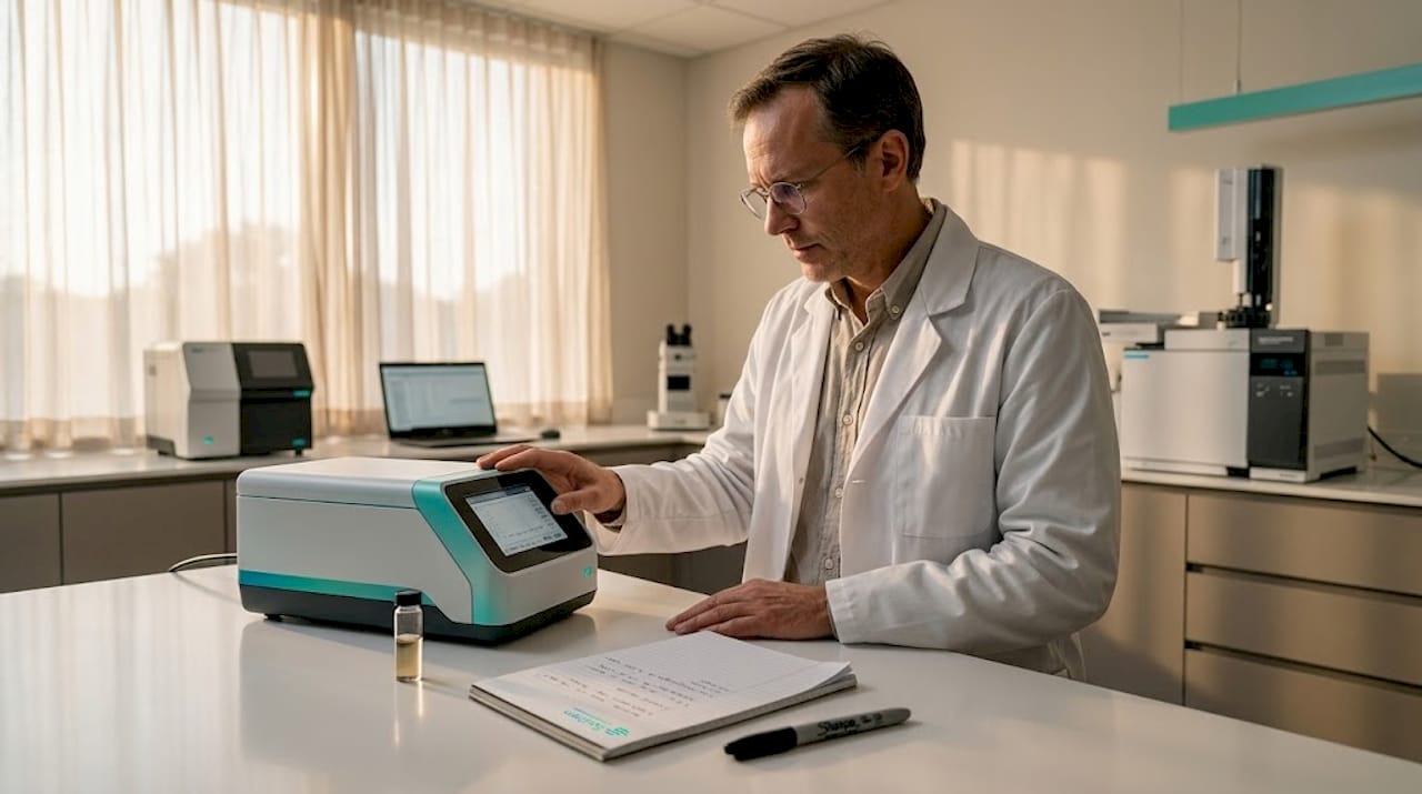 Chemist verifying ultra-trace gas sample analysis