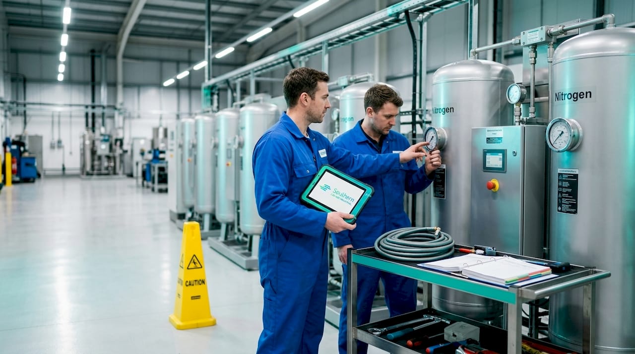Engineers inspecting PSA nitrogen generator equipment