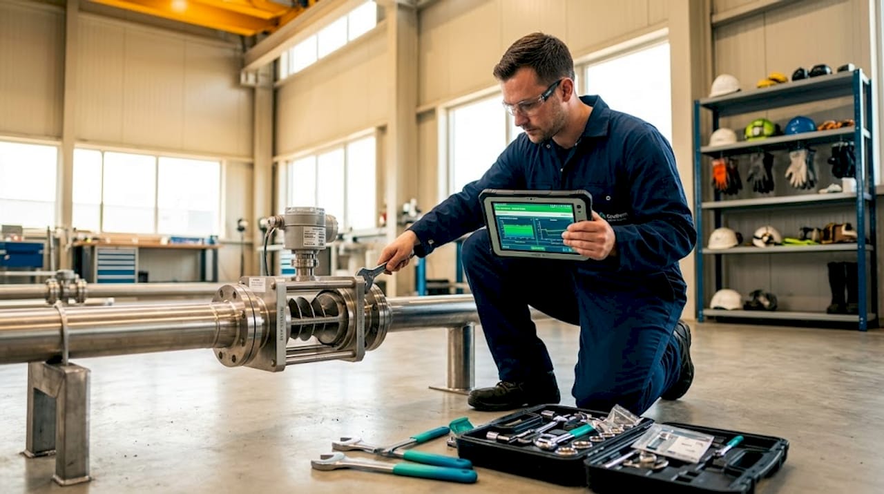 Technician calibrating industrial gas flow meter