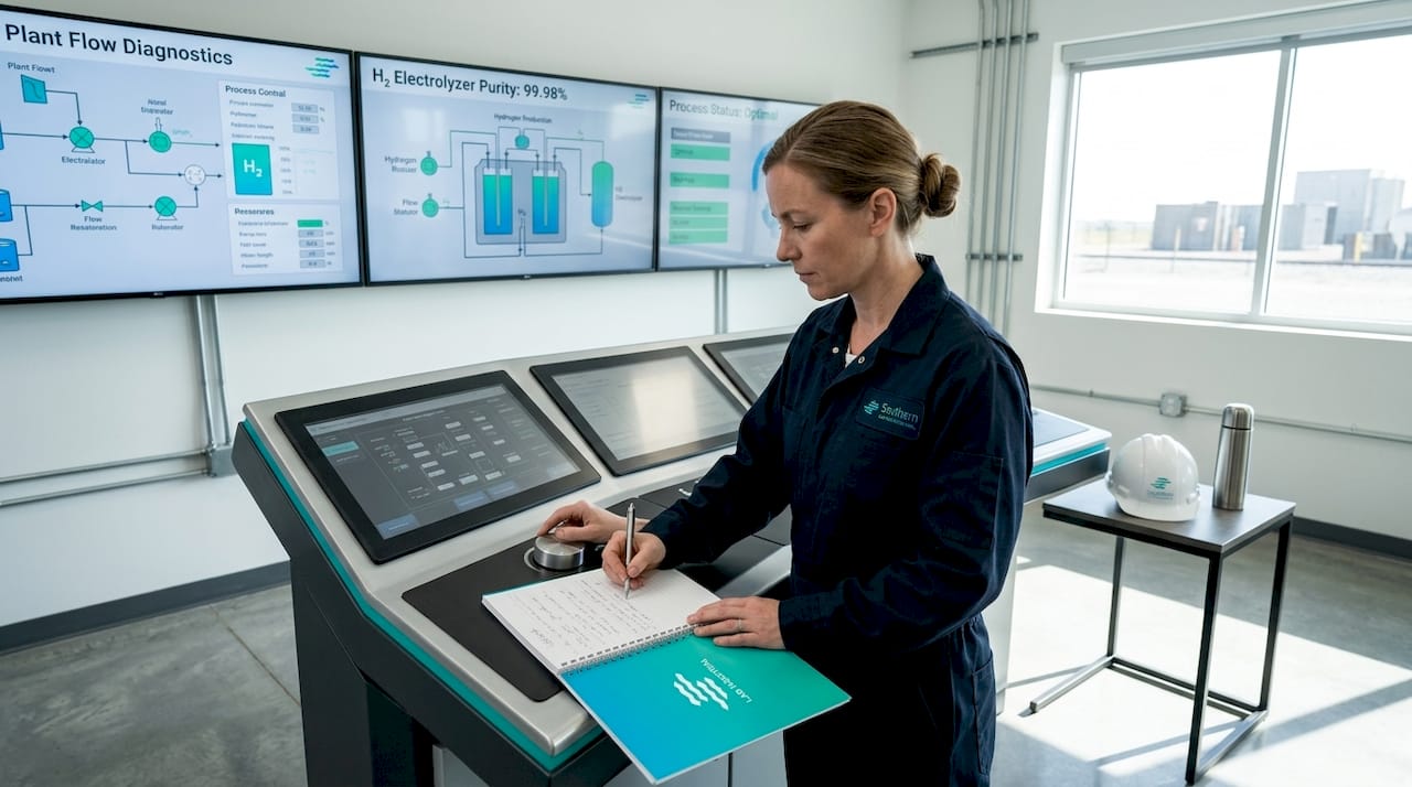 Technician monitors hydrogen system in control room