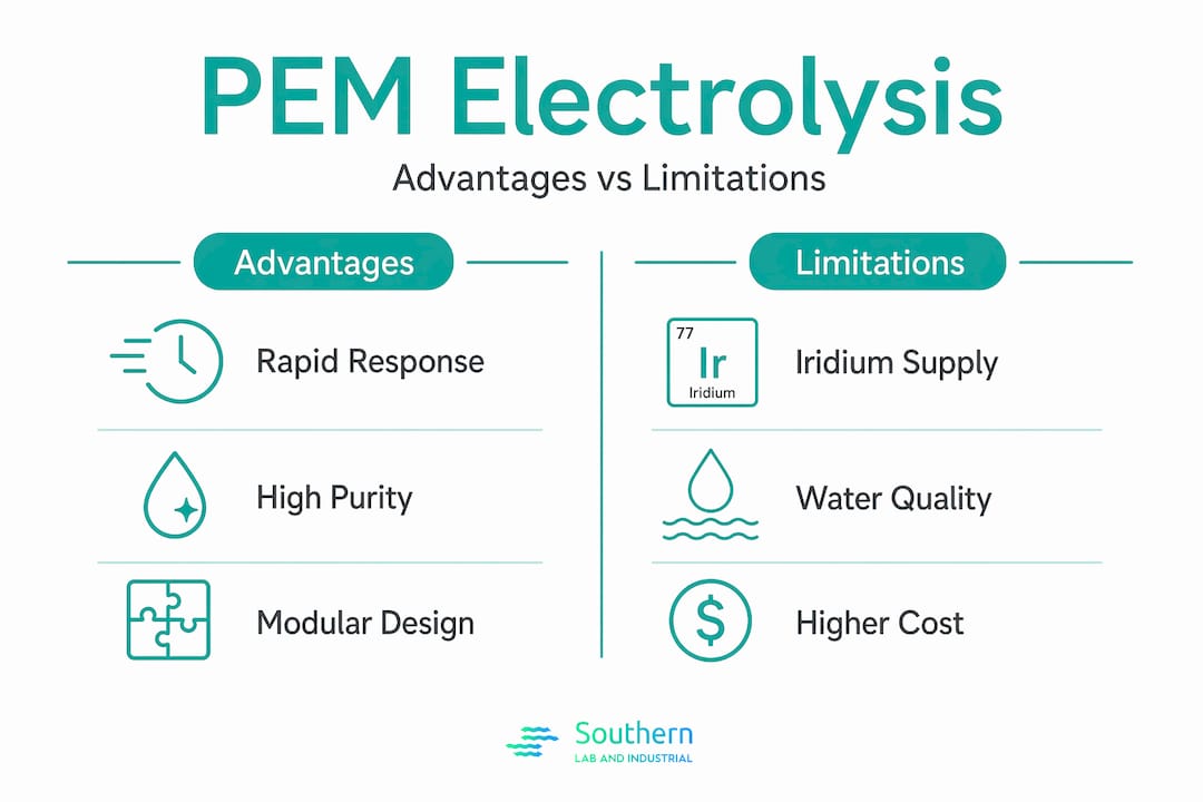 Infographic showing PEM advantages and limitations side-by-side
