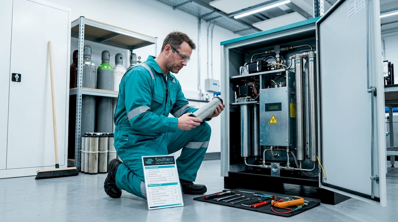 Engineer performs generator maintenance in lab equipment room