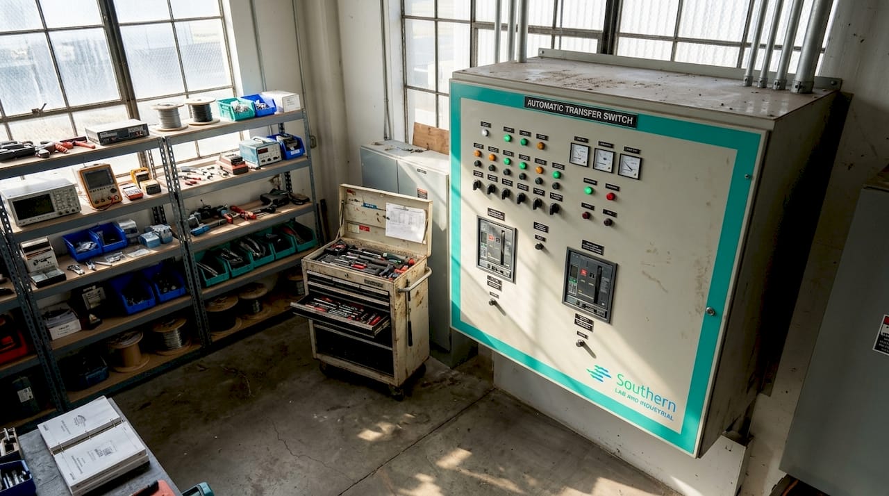 Automatic transfer switch in industrial utility room