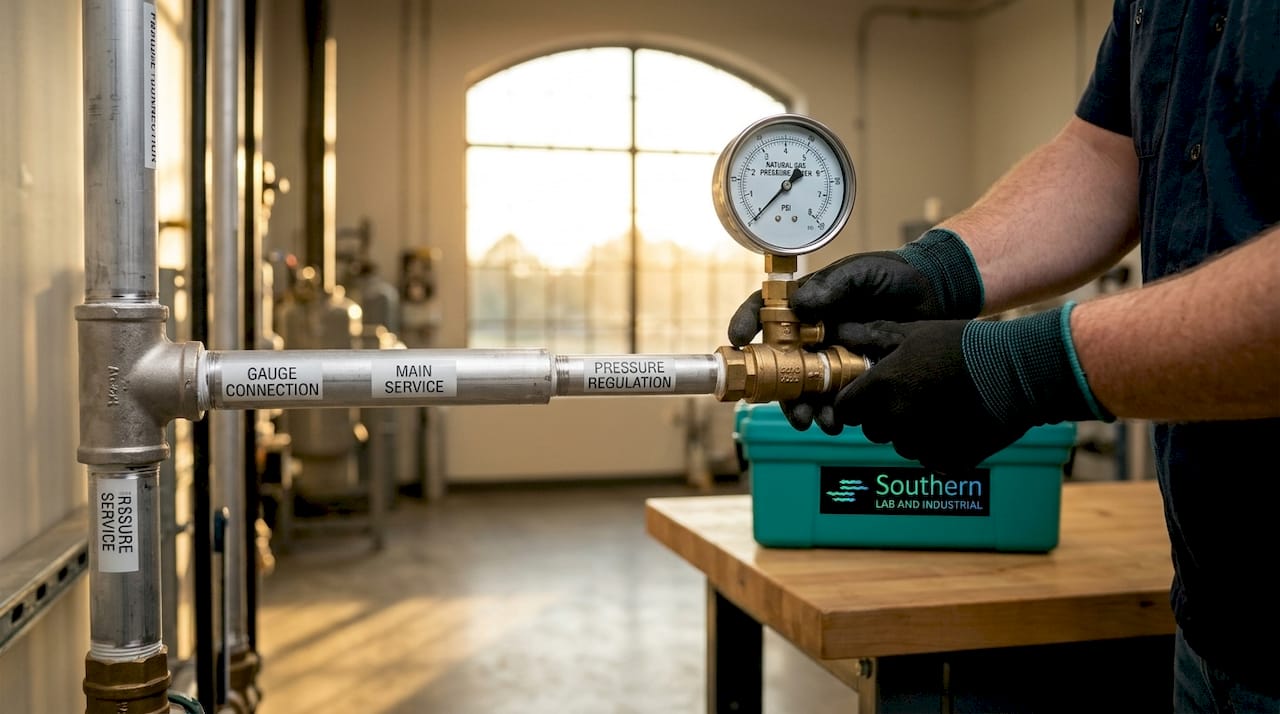 Technician adjusting gas pressure gauges