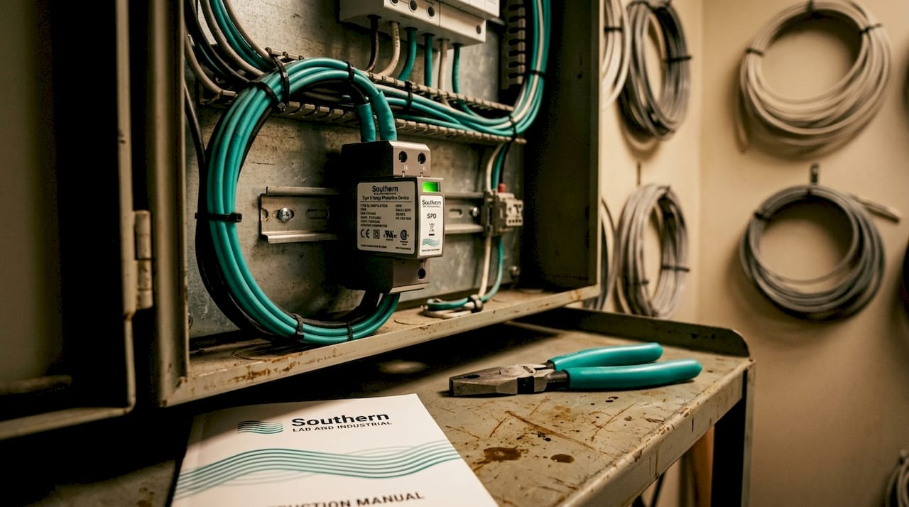 Close-up of Type 2 SPD in electrical cabinet
