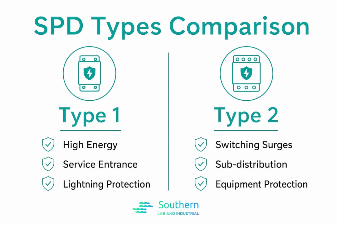 Infographic comparing Type 1 and Type 2 surge protective devices