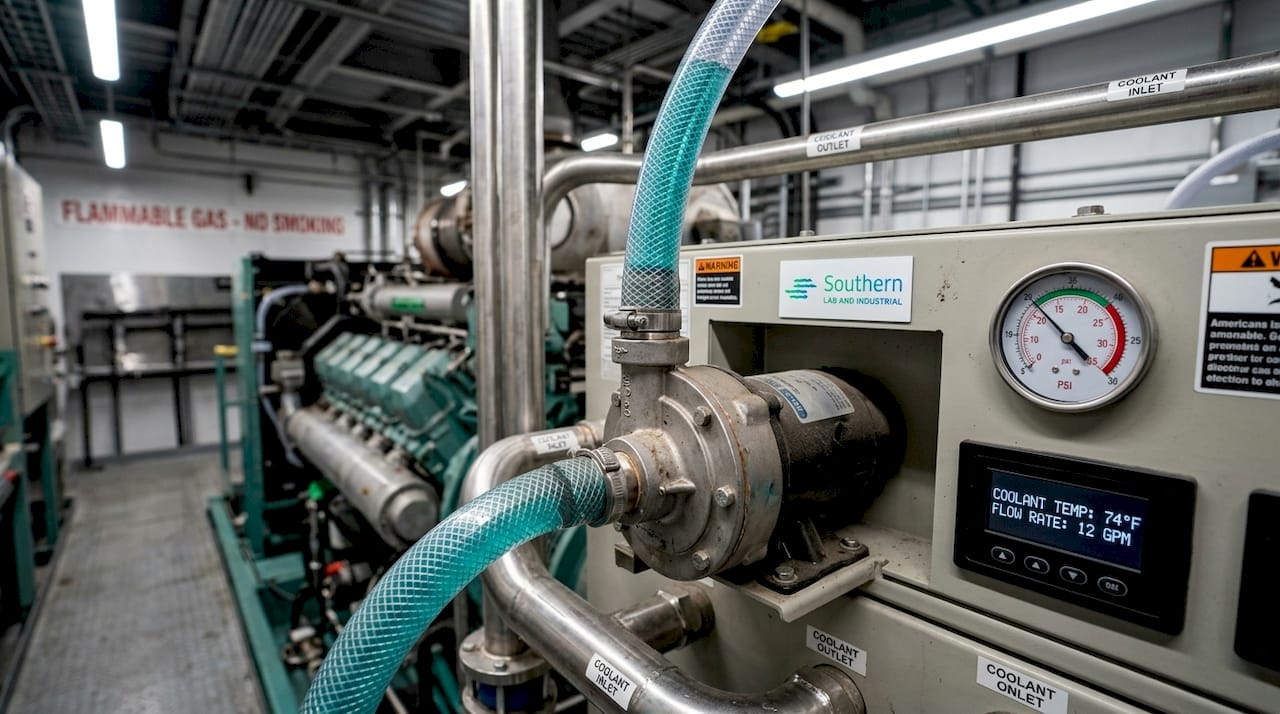 Close-up of liquid coolant pump and tubing