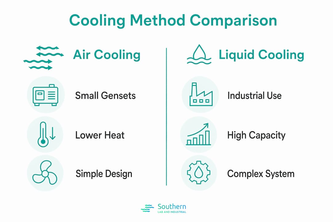 Infographic comparing air and liquid cooling methods for generators
