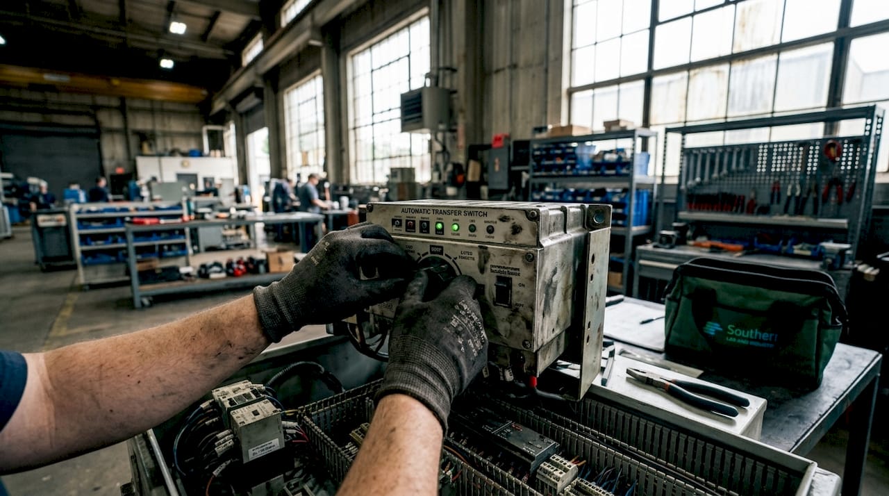 Hands operating automatic transfer switch in electrical panel