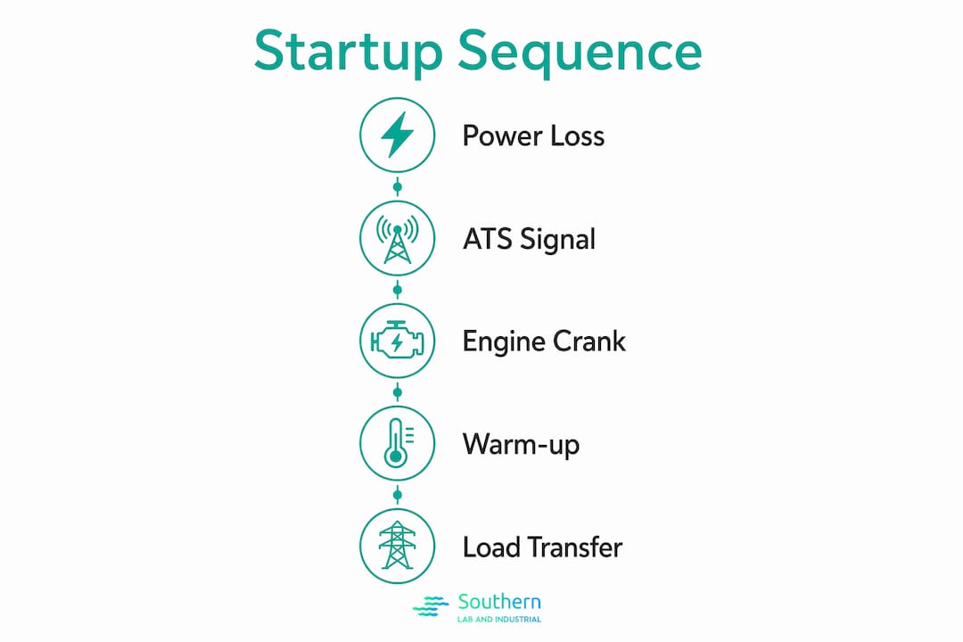 Infographic illustrating gas generator startup steps