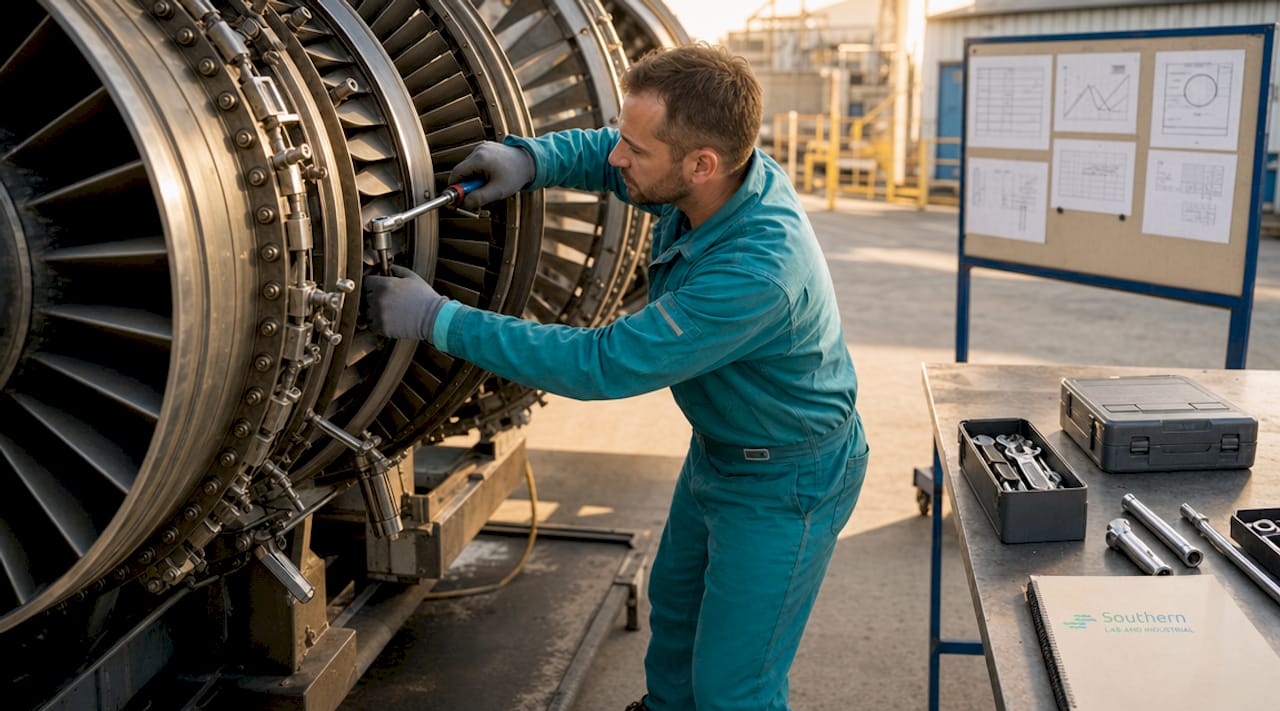 Hands adjusting gas turbine inlet compressor parts