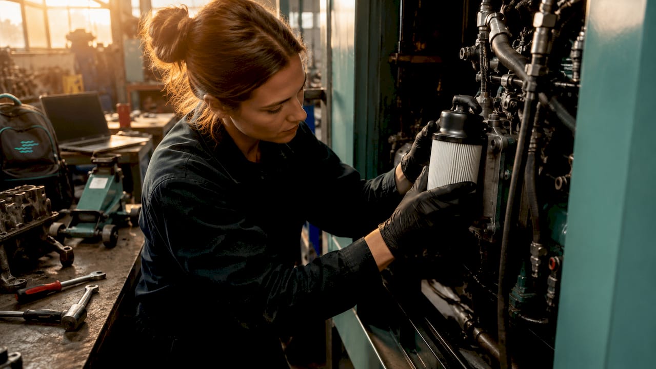 Hands repairing generator fuel filter in workshop