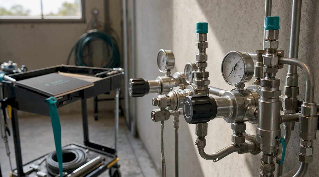 Close-up of gas regulator and piping assembly