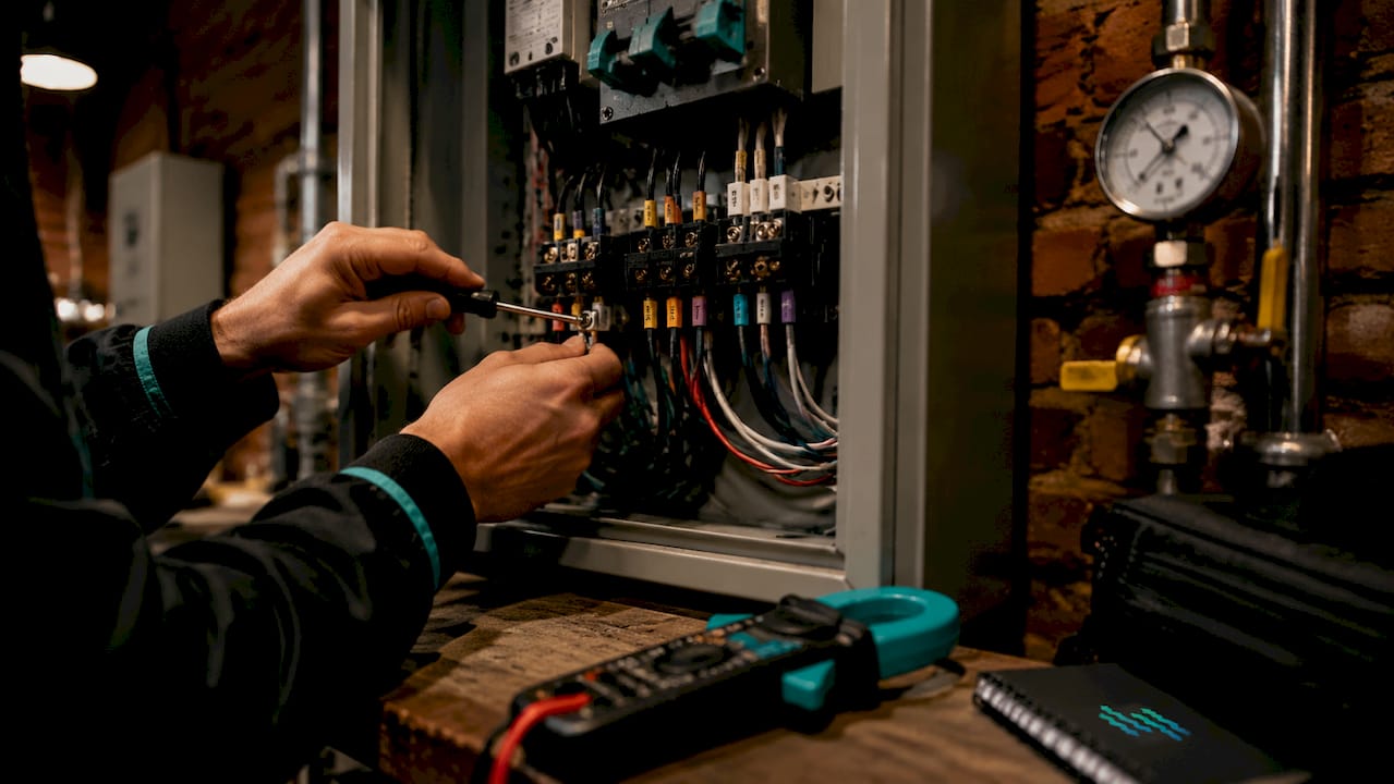 Technician wiring automatic transfer switch panel