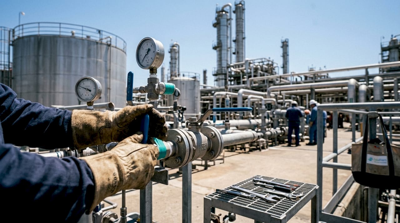 Hands adjusting valves on nitrogen purge pipeline