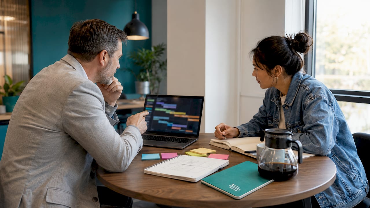 Professionals reviewing permit process timeline together