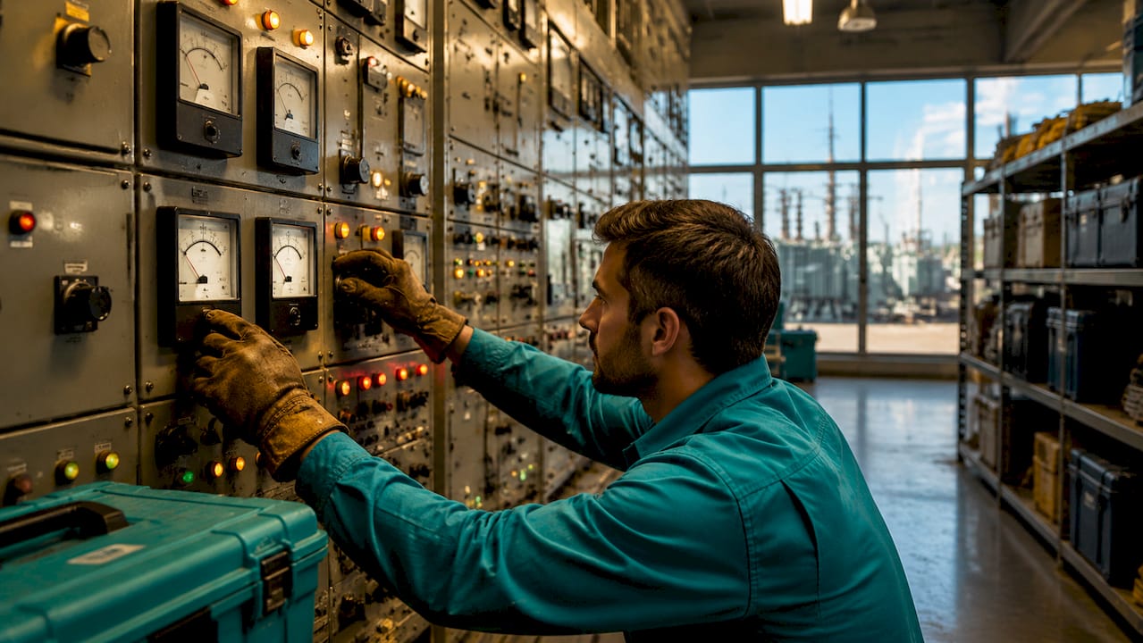 Hands adjusting meters on industrial control panel