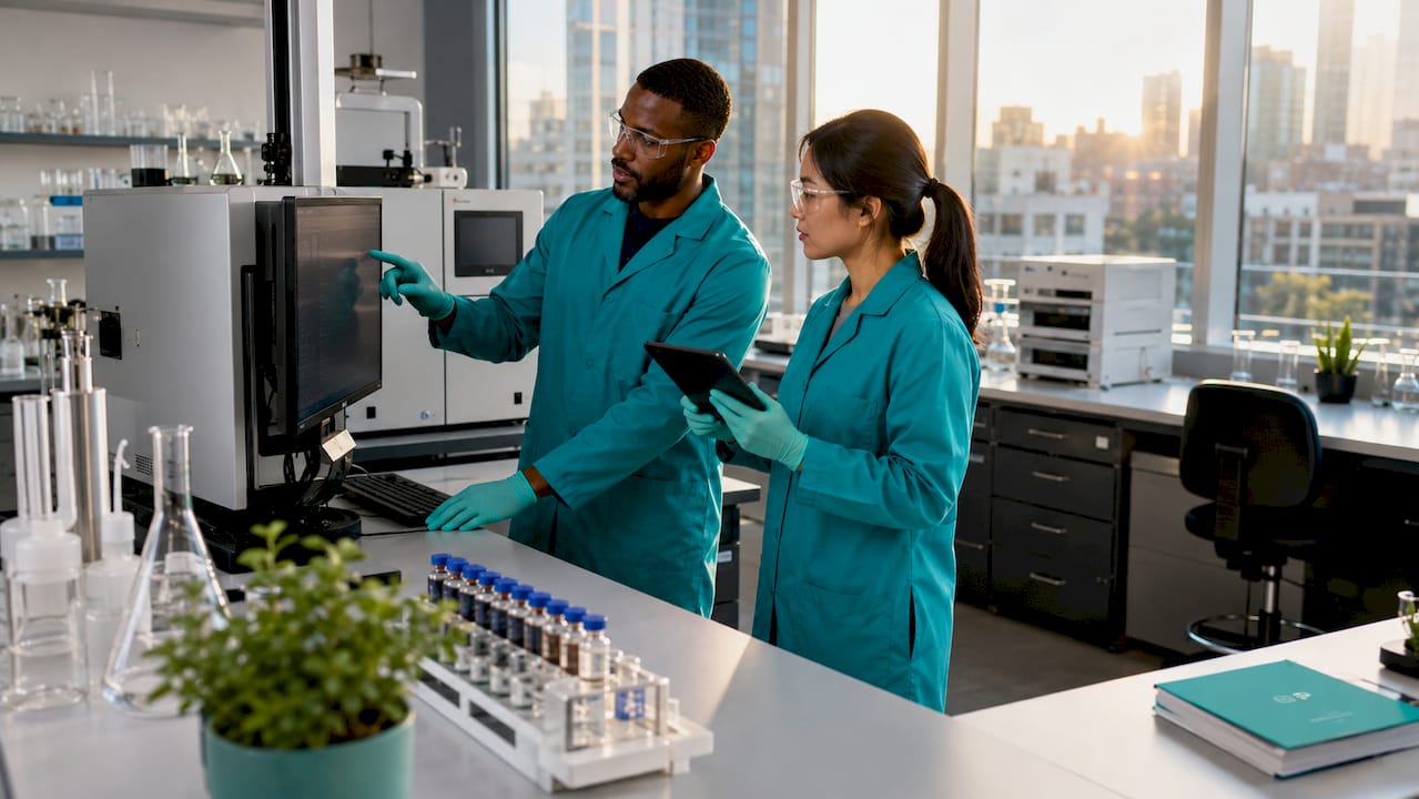 Technicians operating gas chromatograph instrument