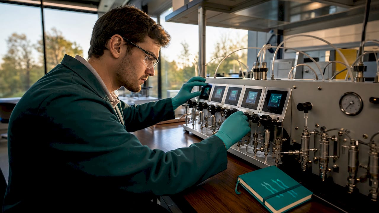 Scientist adjusting multi-gas flow controllers