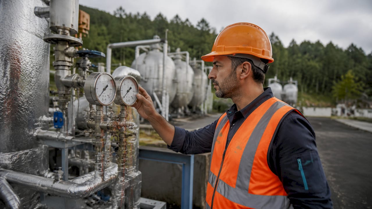Technician walking near cryogenic gas tanks