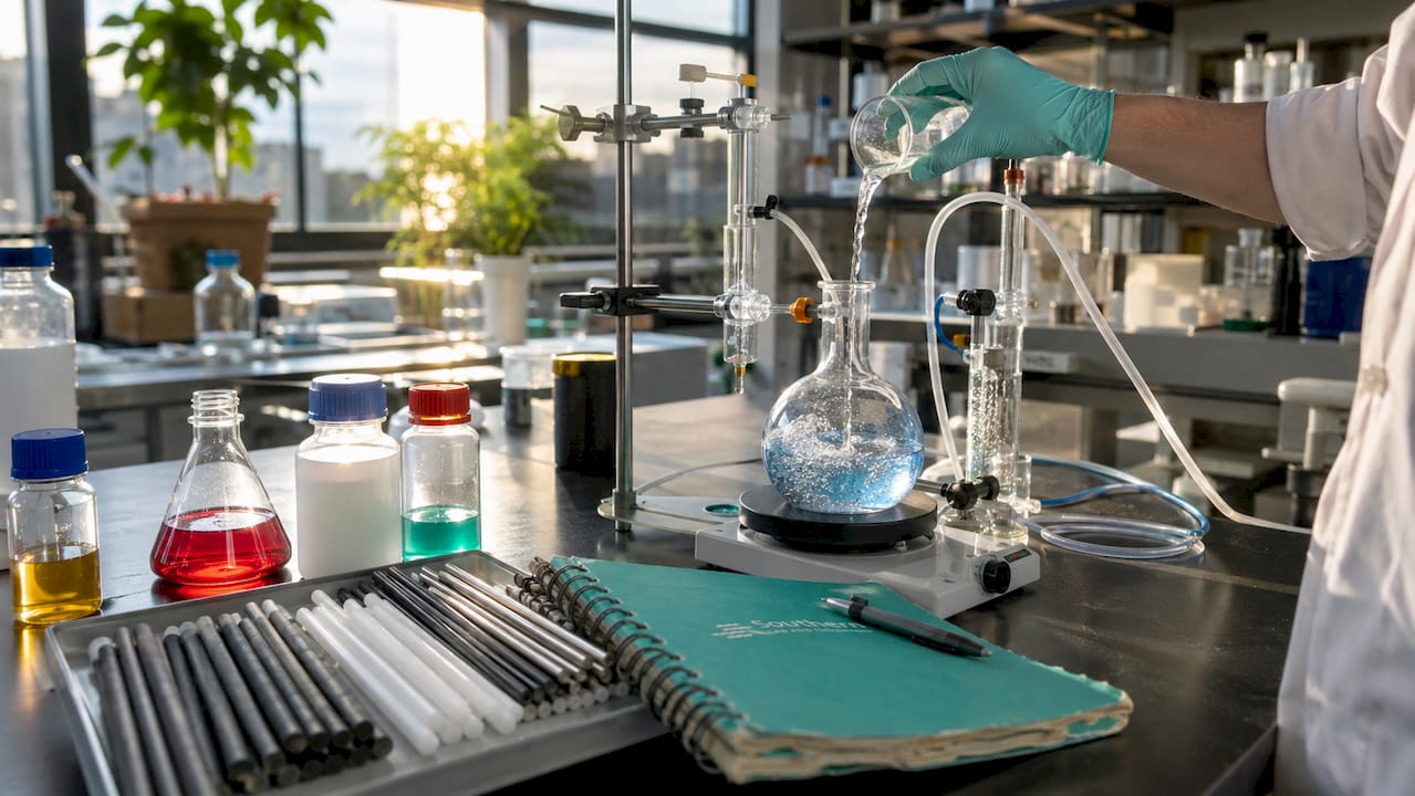 Close-up of electrodes and electrolyte solutions in lab