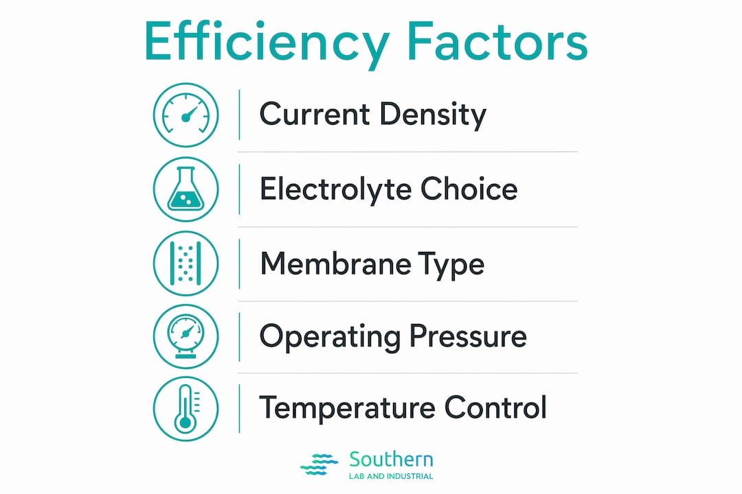 Infographic depicting key factors influencing electrochemical gas generation efficiency
