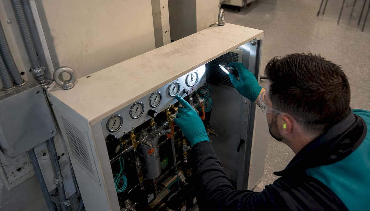 Hands inspecting gas generator control panel with flashlight