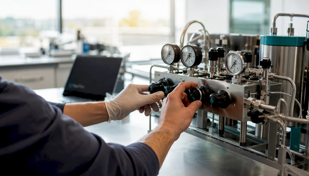 Hands adjusting flow control knobs on gas generator