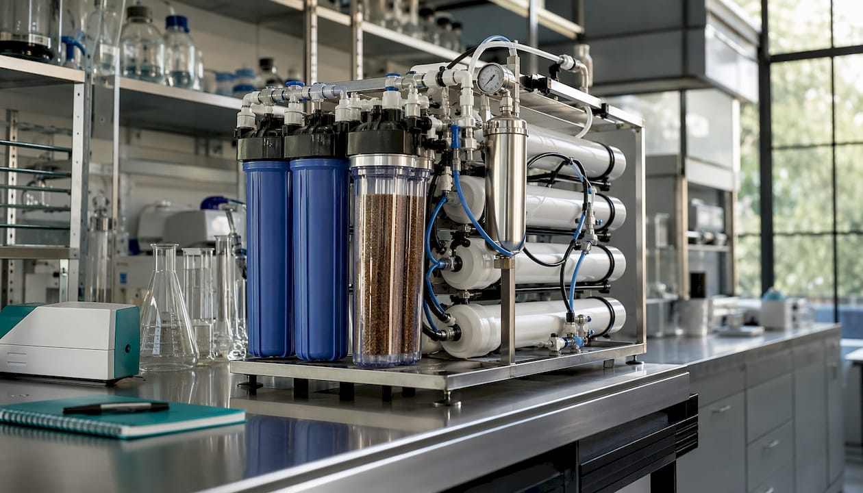 Close-up of ultrapure water purification system components