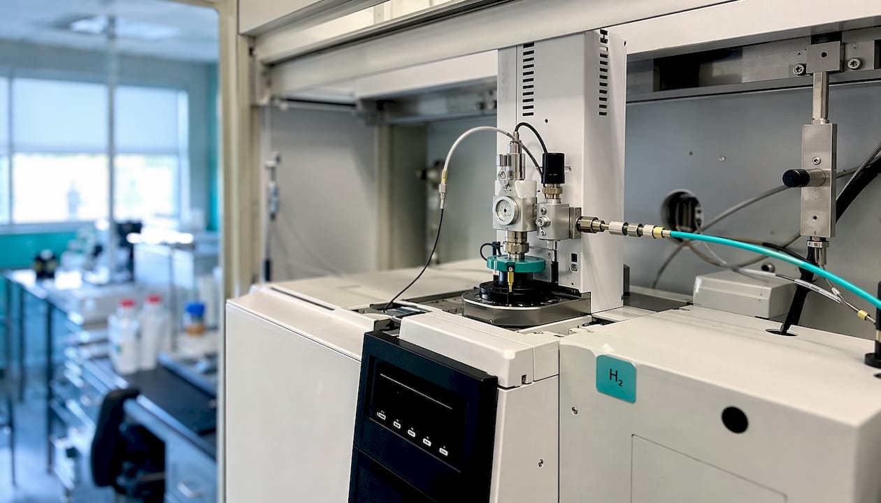 Close-up hydrogen gas connection on GC detector