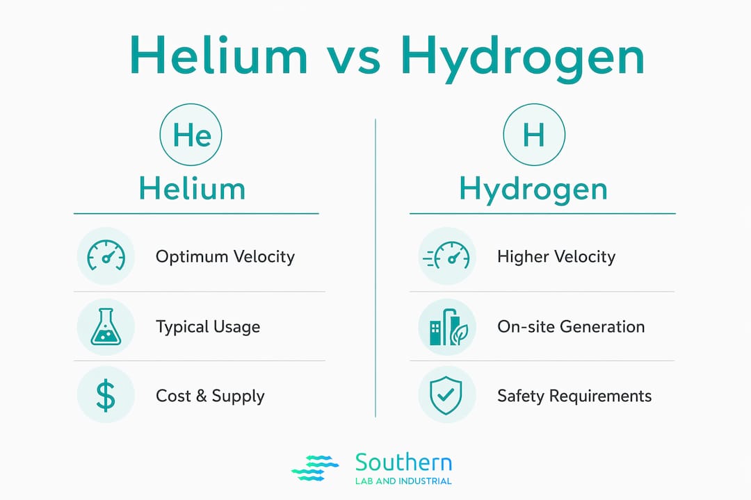 Infographic comparing helium and hydrogen for gas chromatography