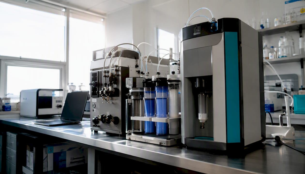 Close-up of ultrapure water system components