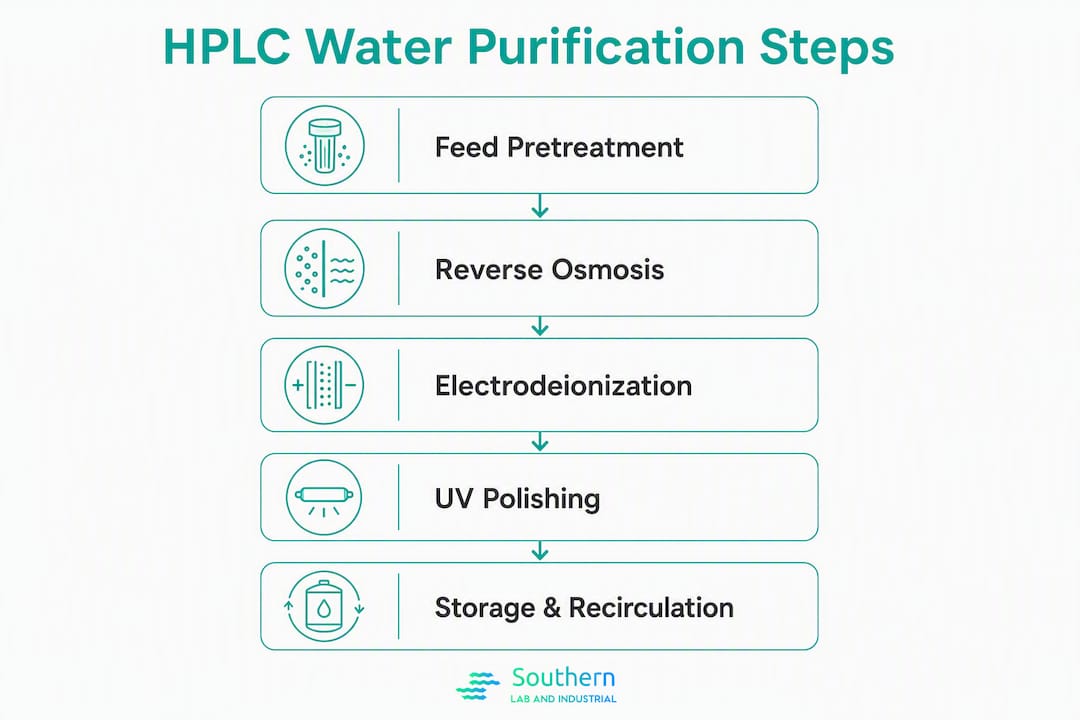 Infographic showing HPLC water purification stages
