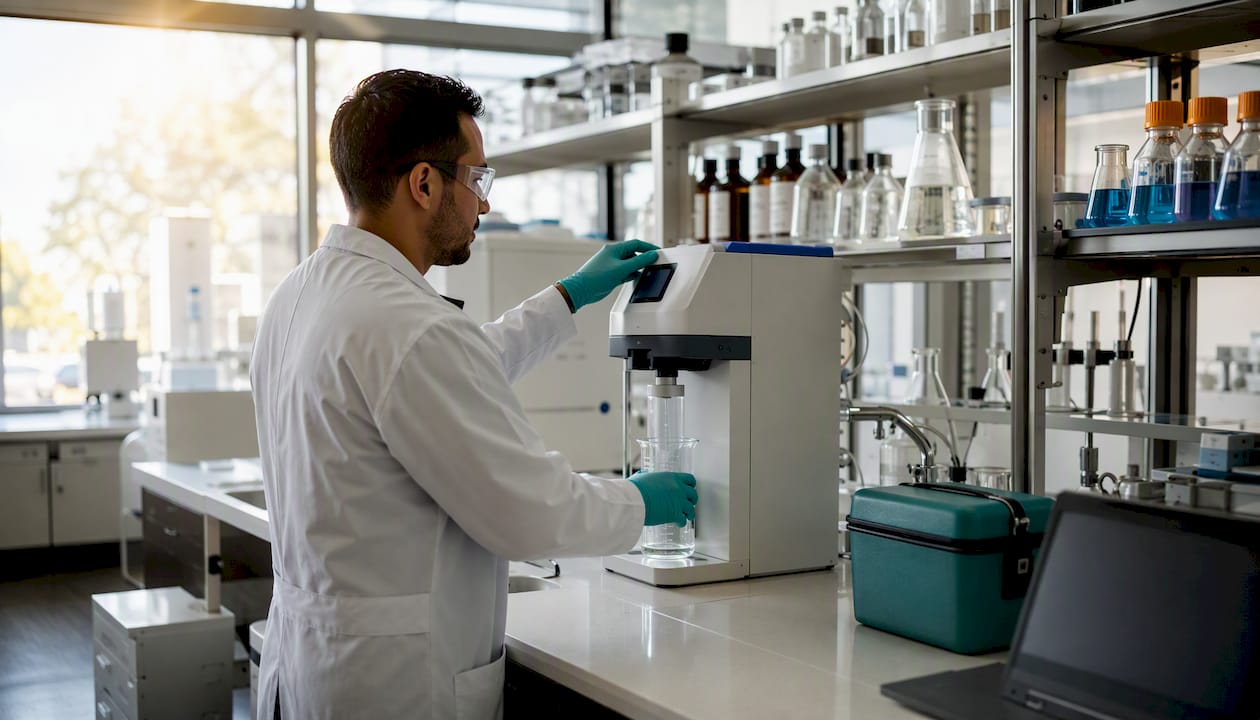 Scientist using water purification system